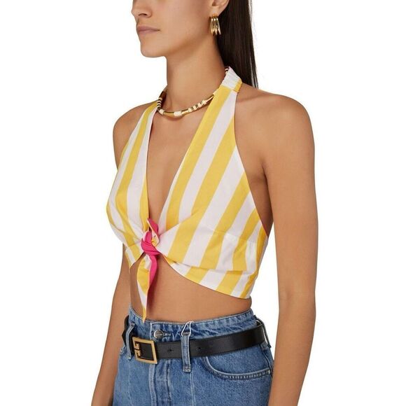 Farm Rio Yellow Striped Magenta Reversible Crop Top Size M Tie Front Summer - Picture 3 of 11
